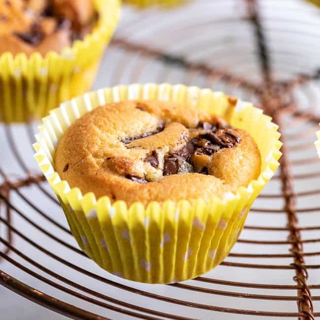 chocolate chip muffin on wire rack